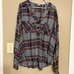 En Crème Women Boho Check Plaid Long Sleeve Plaid Hi-Low Blouse Oversized Large